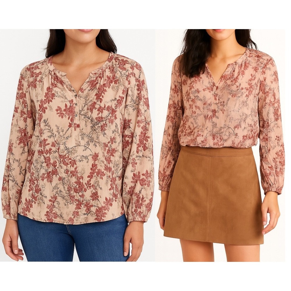 LIZ CLAIBORNE Floral Crinkle Blouse Top Size Large Metallic Peasant‎ Boho Flowy